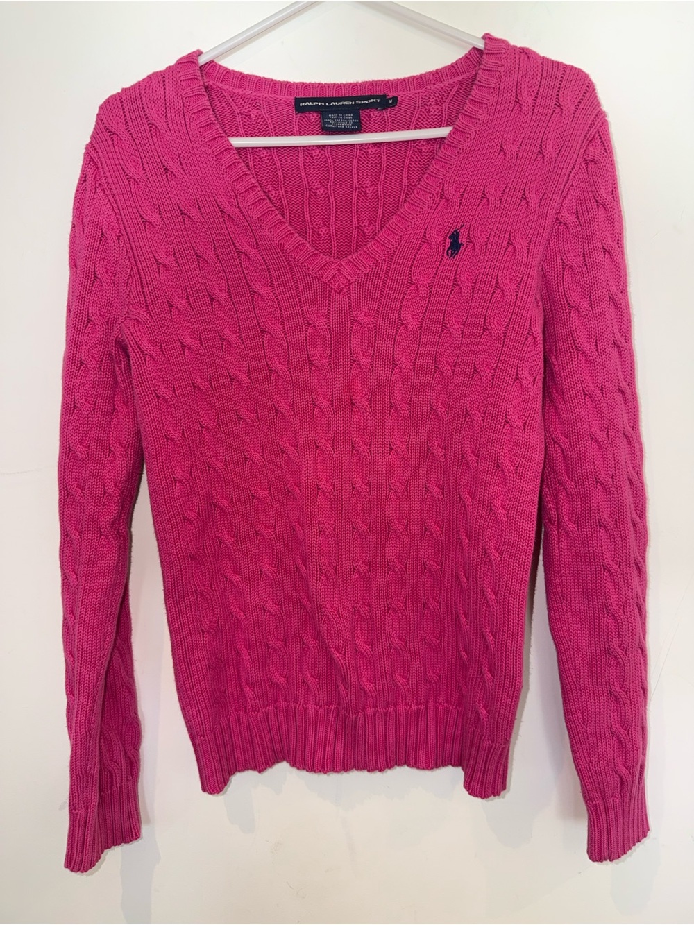 Ralph Lauren Pink Cable-Knit V-Neck Sweater with Polo Pony